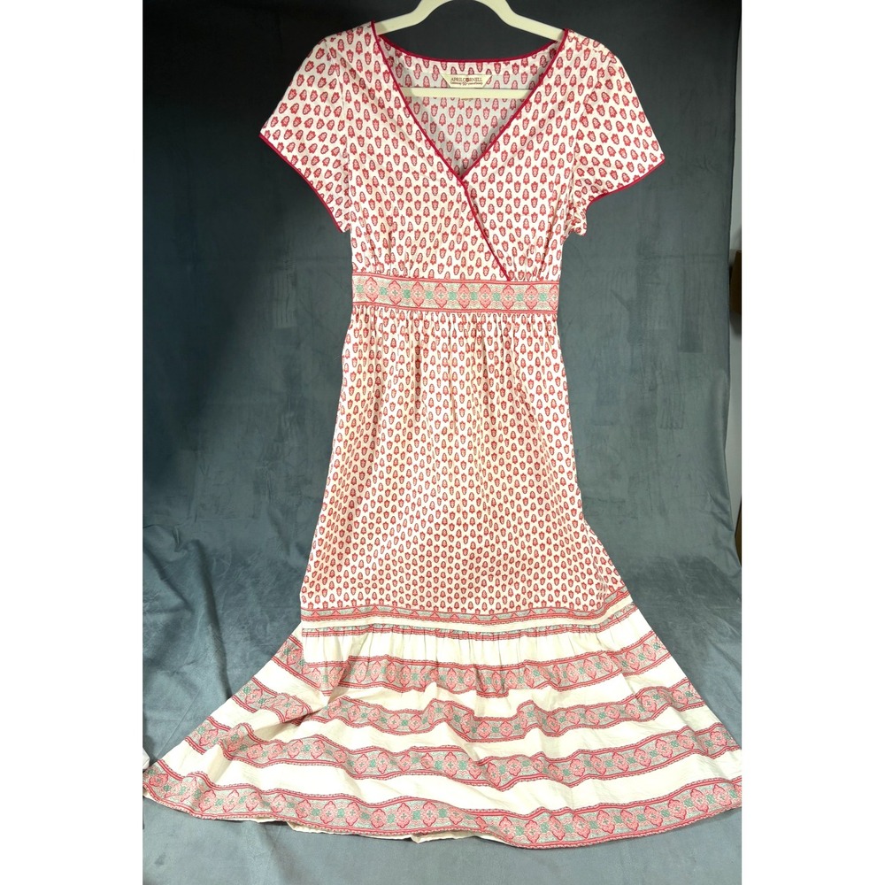 April Cornell Maxi Dress Red White Floral Tiered Tie Back Cottagecore Praire   S